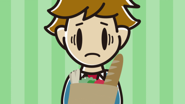 買い物袋を持って困る男子高校生のイラスト【色、背景あり】PNG