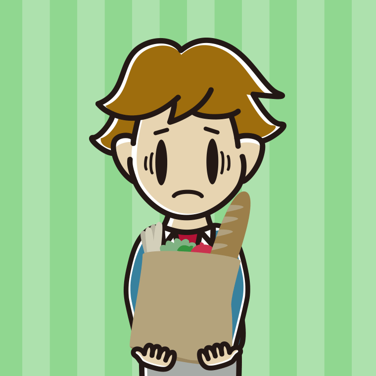 買い物袋を持って困る男子高校生のイラスト【色、背景あり】PNG