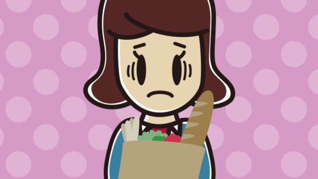 買い物袋を持って困る女子高校生のイラスト【色、背景あり】PNG