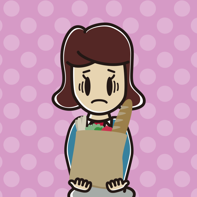 買い物袋を持って困る女子高校生のイラスト【色、背景あり】PNG