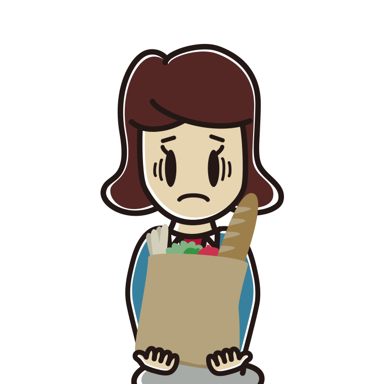 買い物袋を持って困る女子高校生のイラスト【色あり、背景なし】透過PNG