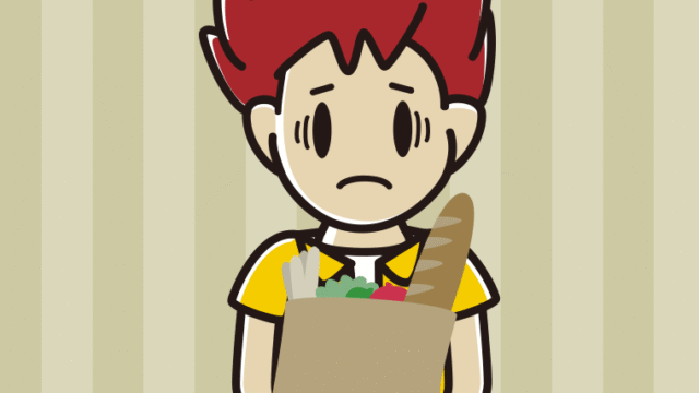 買い物袋を持って困る男子大学生のイラスト【色、背景あり】PNG