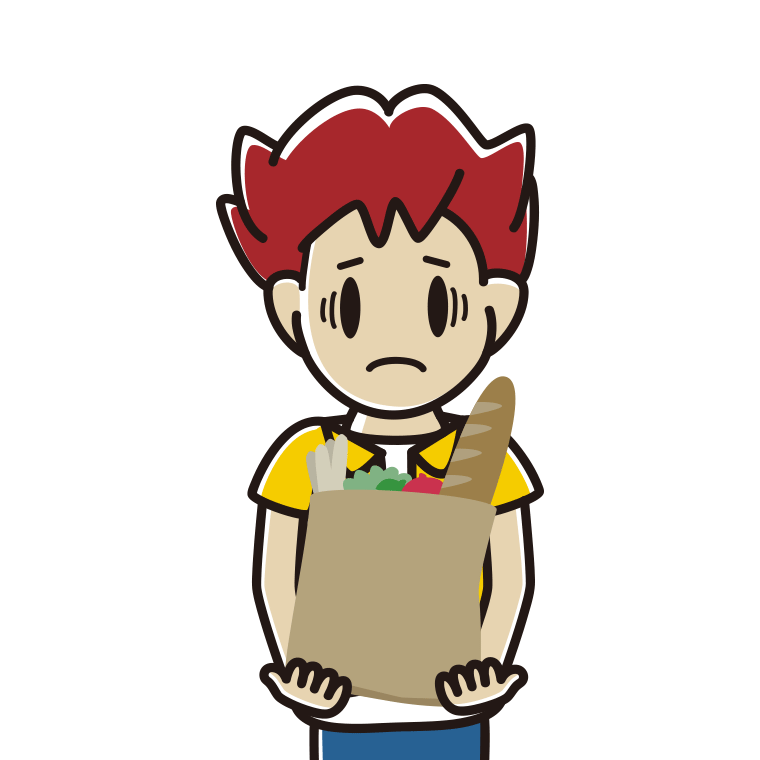 買い物袋を持って困る男子大学生のイラスト【色あり、背景なし】透過PNG