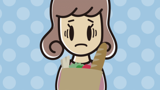 買い物袋を持って困る女子大学生のイラスト【色、背景あり】PNG