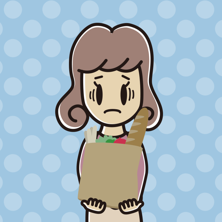 買い物袋を持って困る女子大学生のイラスト【色、背景あり】PNG