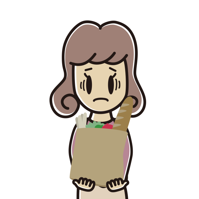 買い物袋を持って困る女子大学生のイラスト【色あり、背景なし】透過PNG