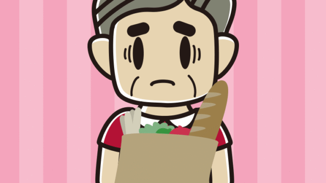 買い物袋を持って困るおじさんのイラスト【色、背景あり】PNG