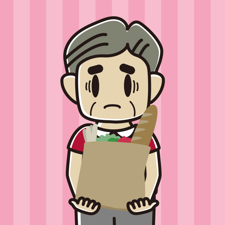 買い物袋を持って困るおじさんのイラスト【色、背景あり】PNG