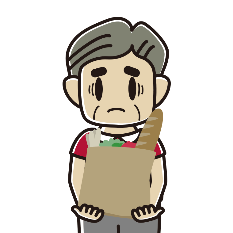 買い物袋を持って困るおじさんのイラスト【色あり、背景なし】透過PNG