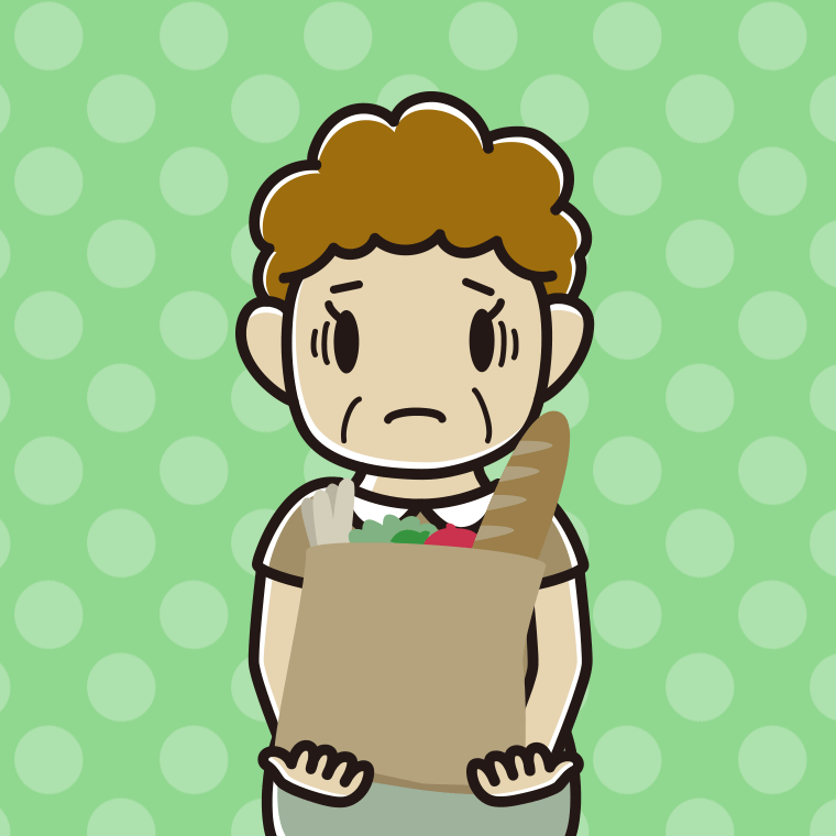 買い物袋を持って困るおばさんのイラスト【色、背景あり】PNG