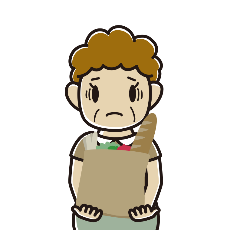 買い物袋を持って困るおばさんのイラスト【色あり、背景なし】透過PNG