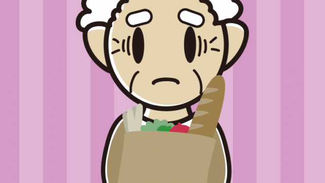 買い物袋を持って困るおじいさんのイラスト【色、背景あり】PNG