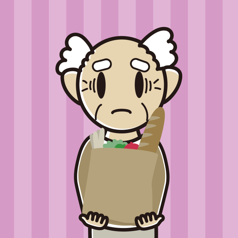 買い物袋を持って困るおじいさんのイラスト【色、背景あり】PNG