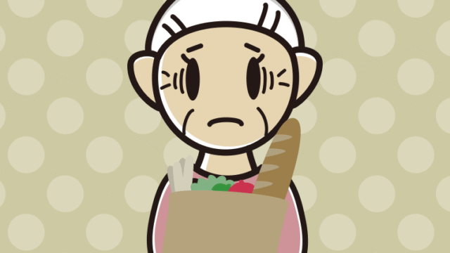 買い物袋を持って困るおばあさんのイラスト【色、背景あり】PNG