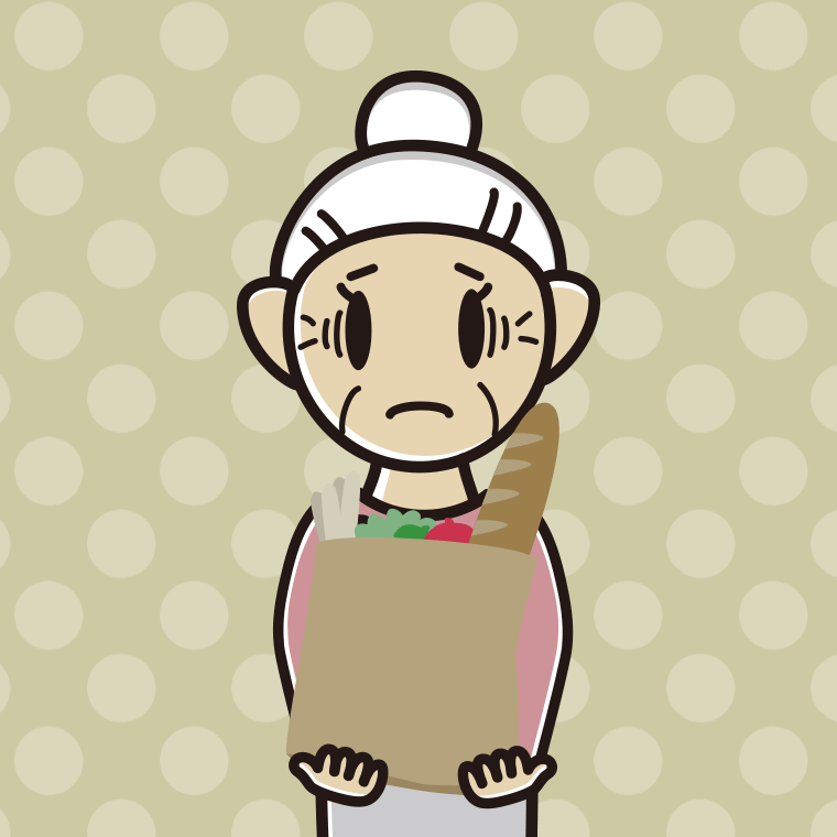 買い物袋を持って困るおばあさんのイラスト【色、背景あり】PNG