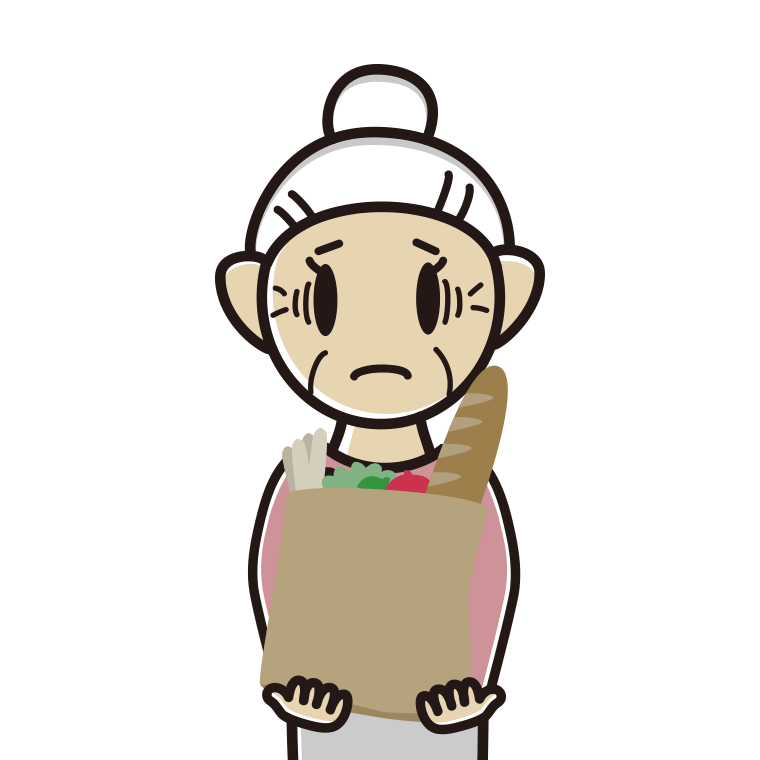 買い物袋を持って困るおばあさんのイラスト【色あり、背景なし】透過PNG