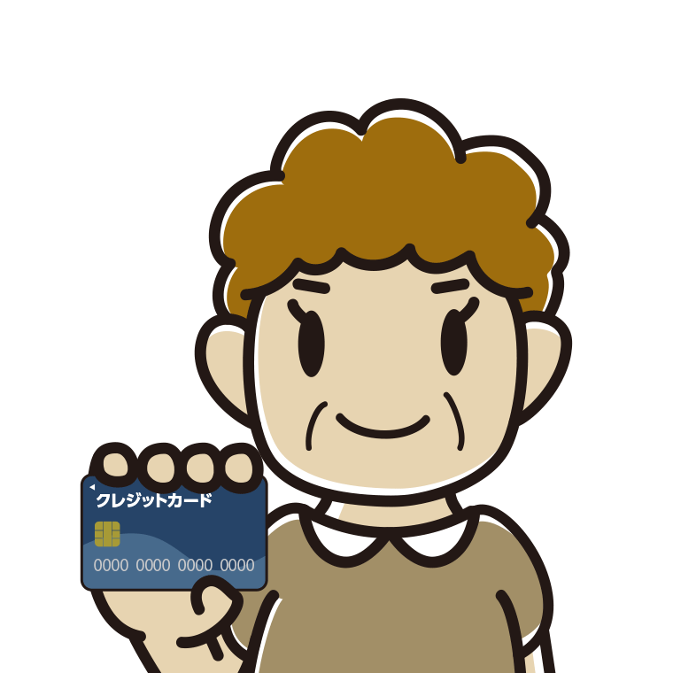 クレジットカードを持つおばさんのイラスト【色あり、背景なし】透過PNG