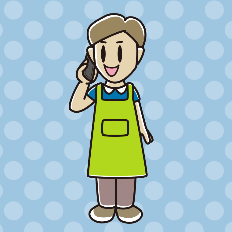 スマホで電話するエプロン姿の男性のイラスト【色、背景あり】PNG