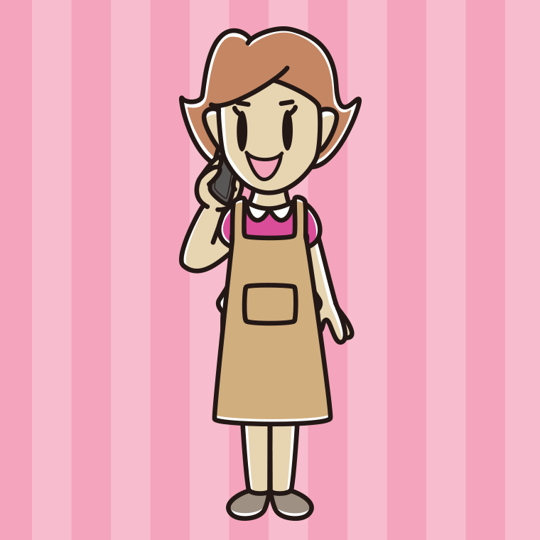 スマホで電話するエプロン姿の女性のイラスト【色、背景あり】PNG