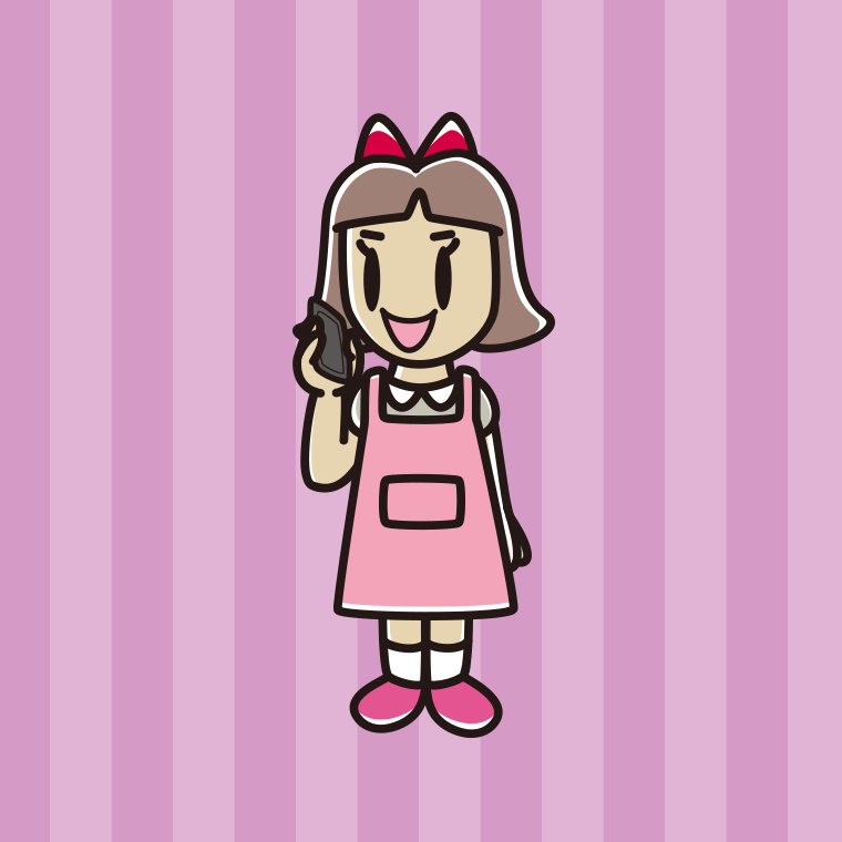 スマホで電話するエプロン姿の小学生女子のイラスト【色、背景あり】PNG