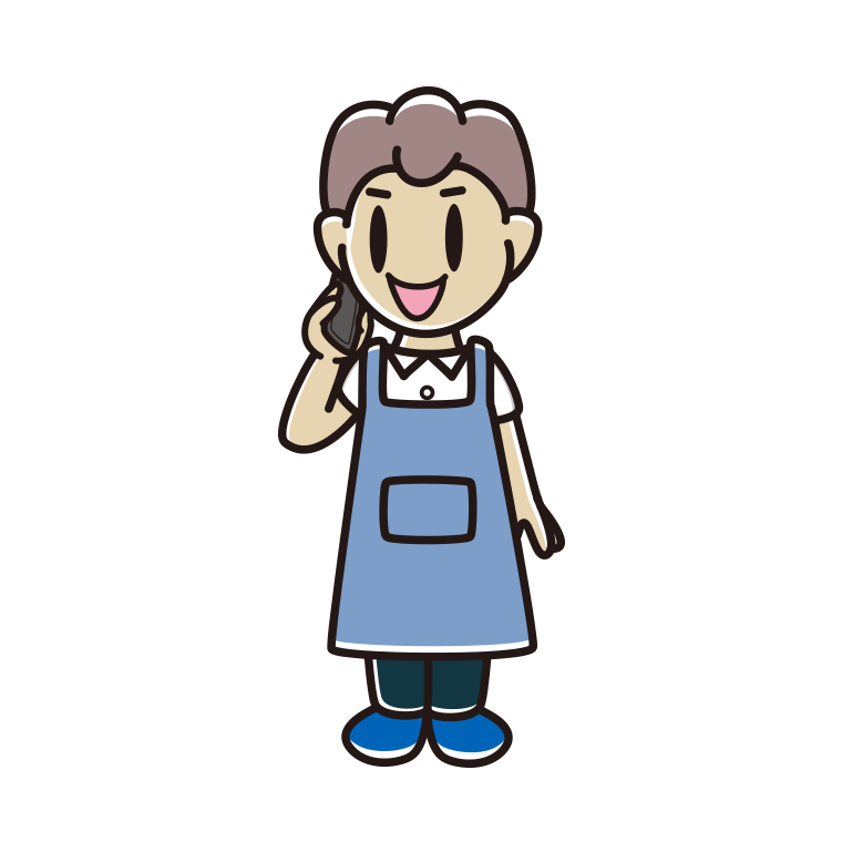 スマホで電話するエプロン姿の男子中学生のイラスト【色あり、背景なし】透過PNG