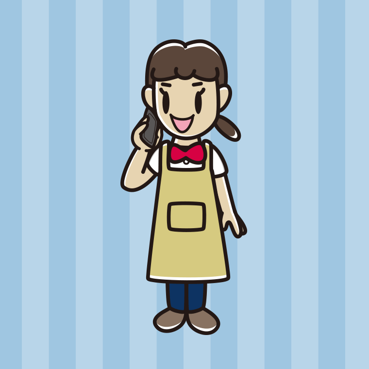 スマホで電話するエプロン姿の女子中学生のイラスト【色、背景あり】PNG