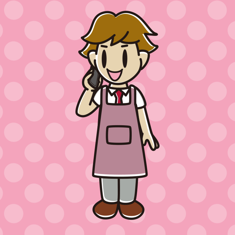 スマホで電話するエプロン姿の男子高校生のイラスト【色、背景あり】PNG