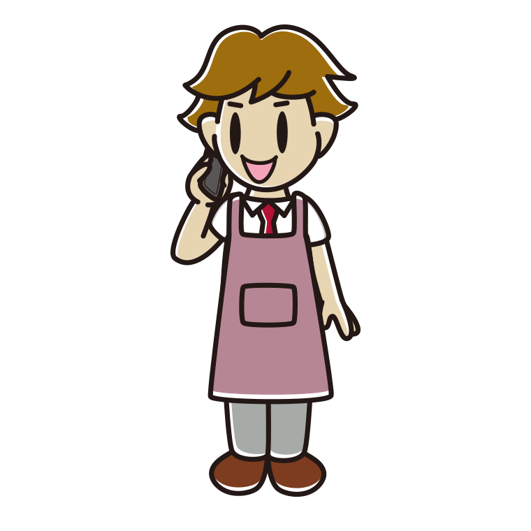 スマホで電話するエプロン姿の男子高校生のイラスト【色あり、背景なし】透過PNG