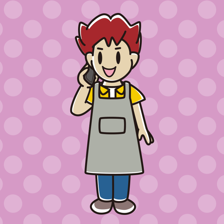 スマホで電話するエプロン姿の男子大学生のイラスト【色、背景あり】PNG