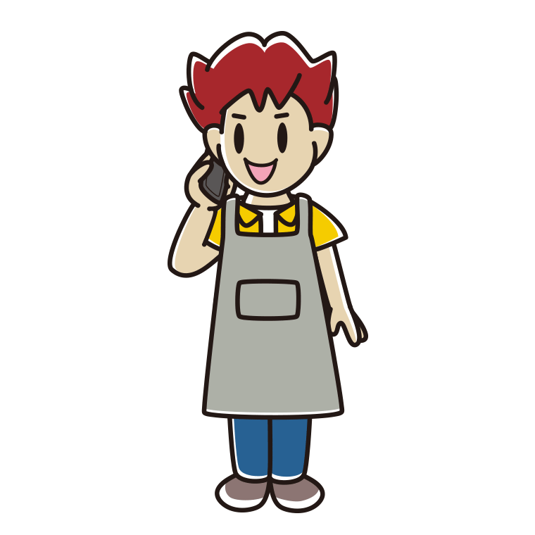 スマホで電話するエプロン姿の男子大学生のイラスト【色あり、背景なし】透過PNG