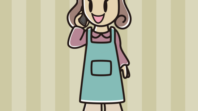 スマホで電話するエプロン姿の女子大学生のイラスト【色、背景あり】PNG