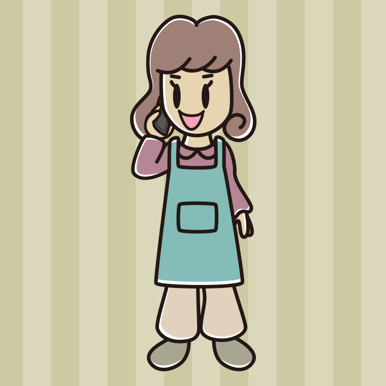スマホで電話するエプロン姿の女子大学生のイラスト【色、背景あり】PNG
