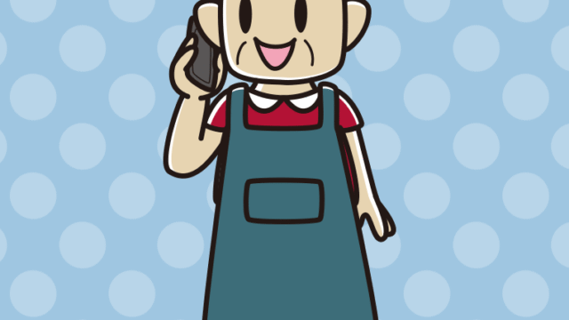 スマホで電話するエプロン姿のおじさんのイラスト【色、背景あり】PNG