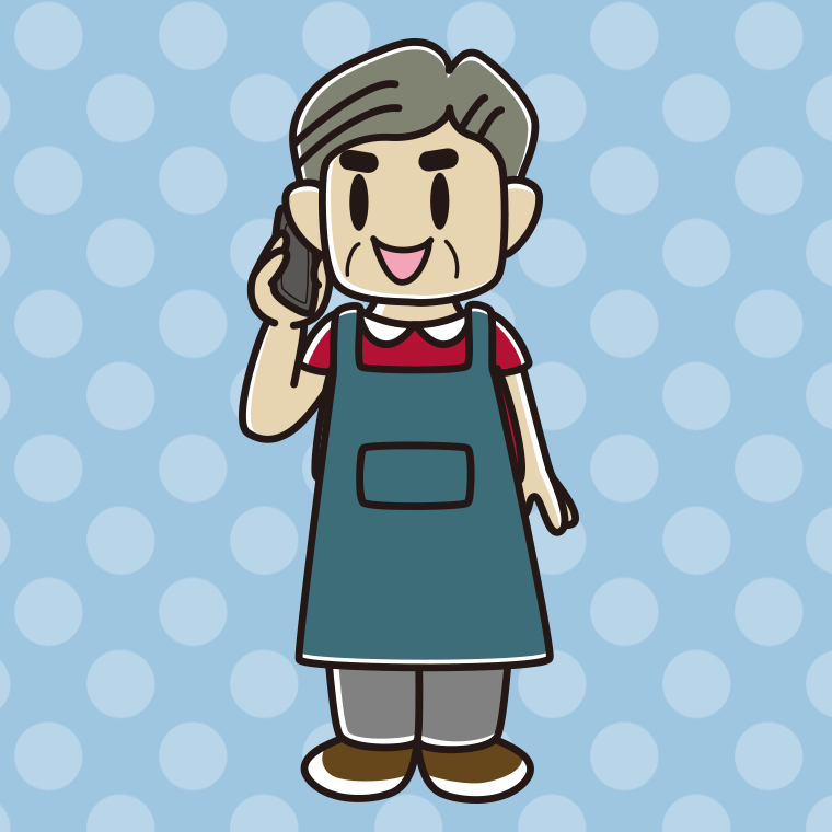 スマホで電話するエプロン姿のおじさんのイラスト【色、背景あり】PNG