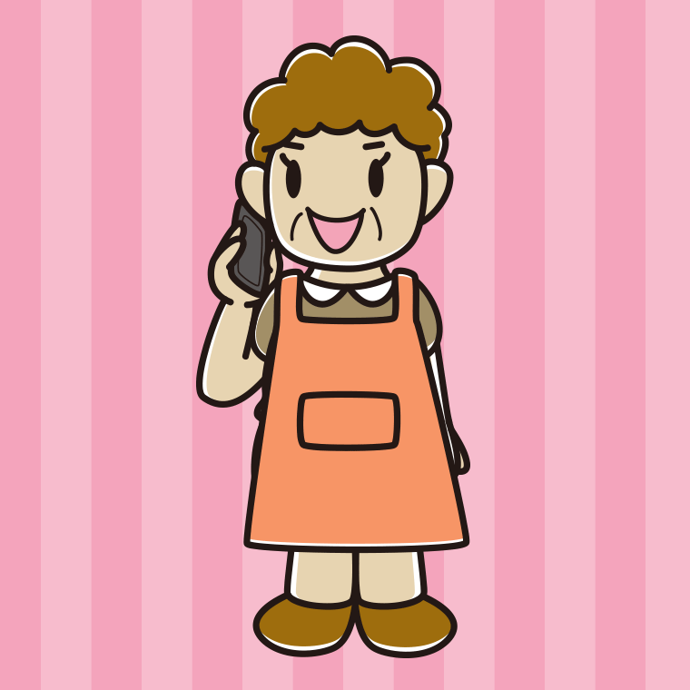 スマホで電話するエプロン姿のおばさんのイラスト【色、背景あり】PNG