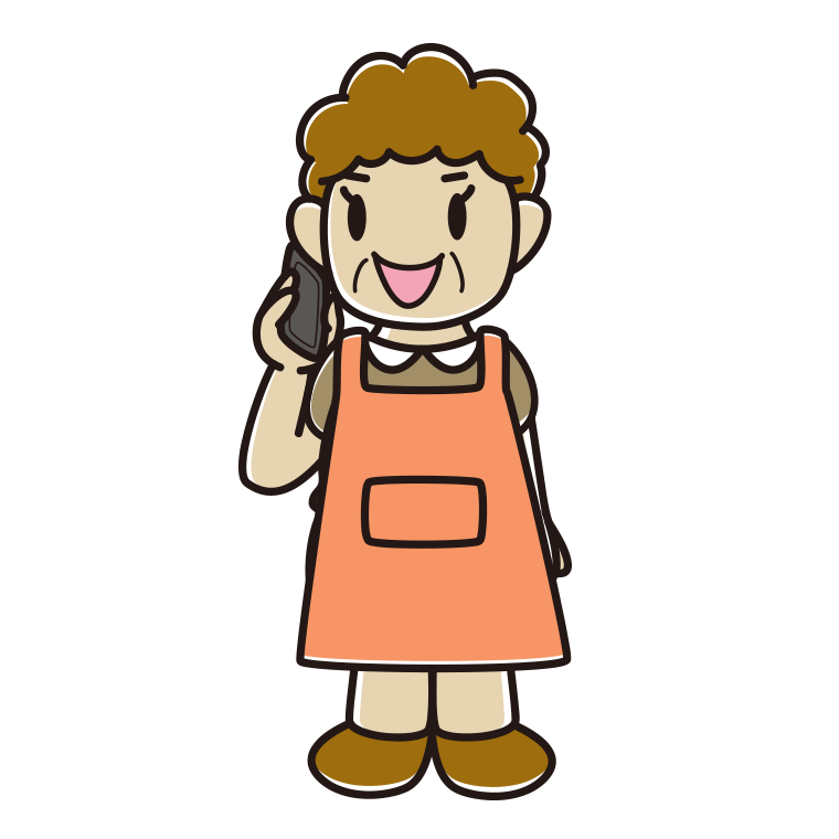 スマホで電話するエプロン姿のおばさんのイラスト【色あり、背景なし】透過PNG