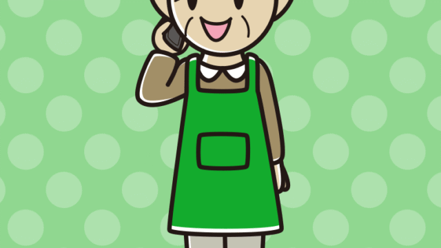 スマホで電話するエプロン姿のおじいさんのイラスト【色、背景あり】PNG
