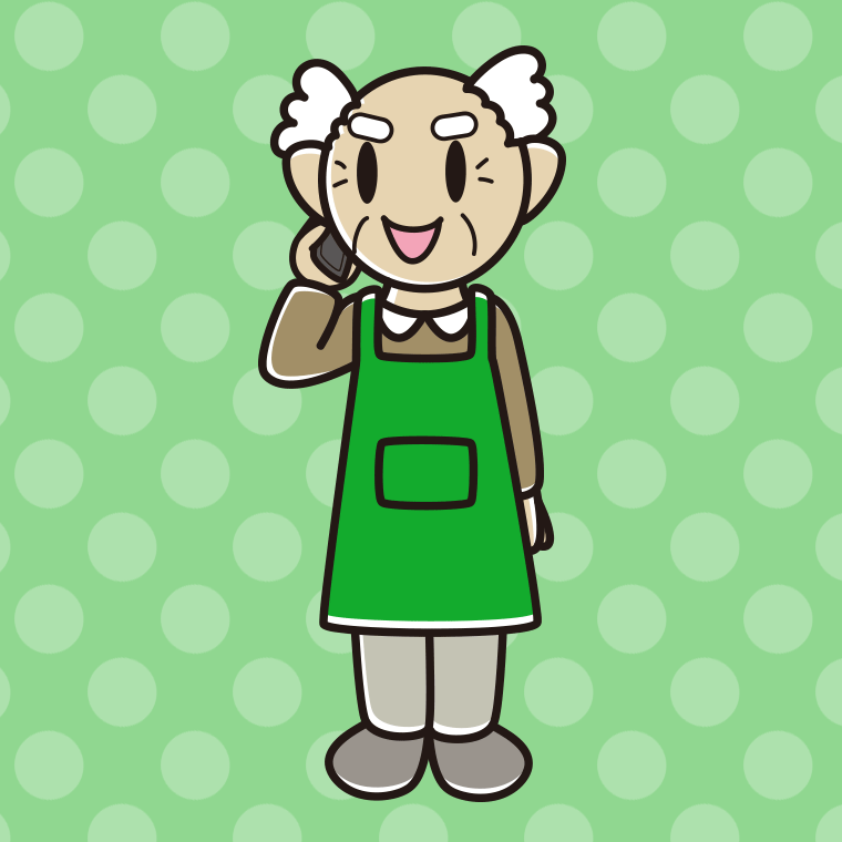 スマホで電話するエプロン姿のおじいさんのイラスト【色、背景あり】PNG