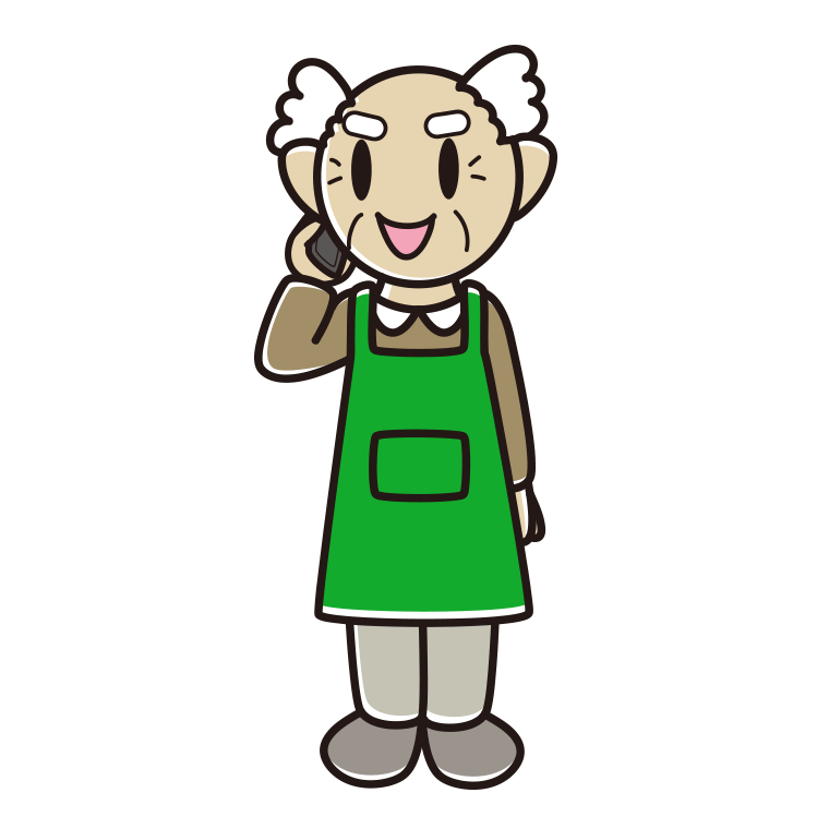 スマホで電話するエプロン姿のおじいさんのイラスト【色あり、背景なし】透過PNG