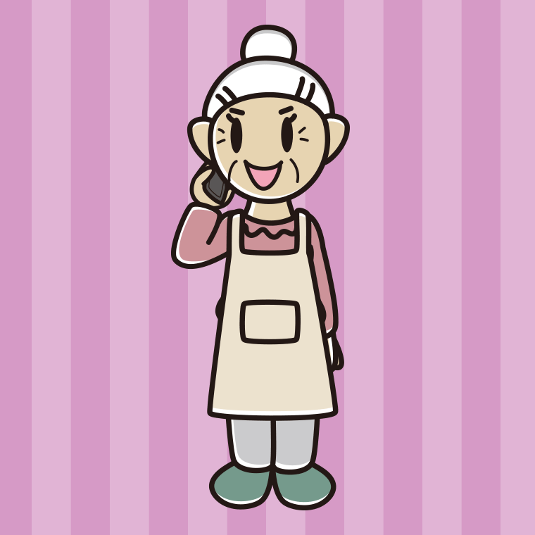 スマホで電話するエプロン姿のおばあさんのイラスト【色、背景あり】PNG