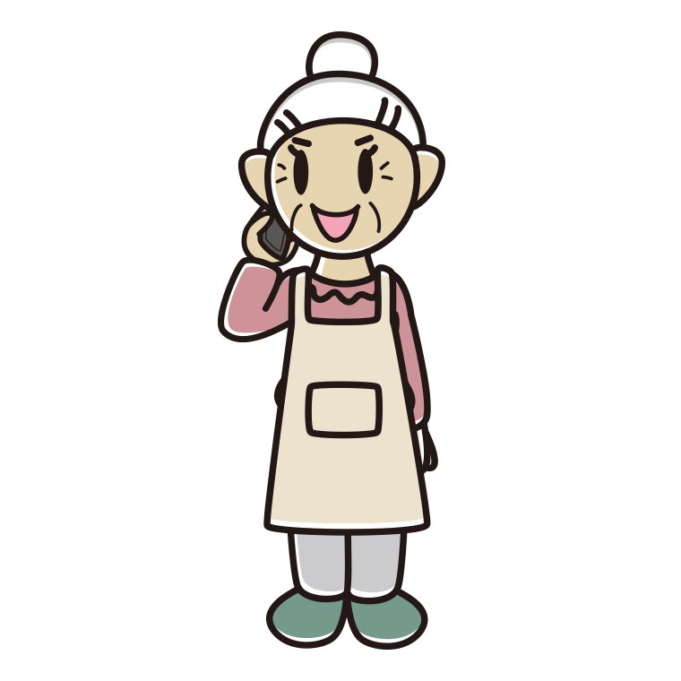 スマホで電話するエプロン姿のおばあさんのイラスト【色あり、背景なし】透過PNG