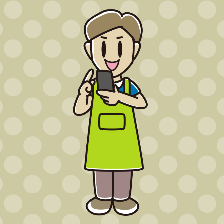 スマホを使うエプロン姿の男性のイラスト【色、背景あり】PNG