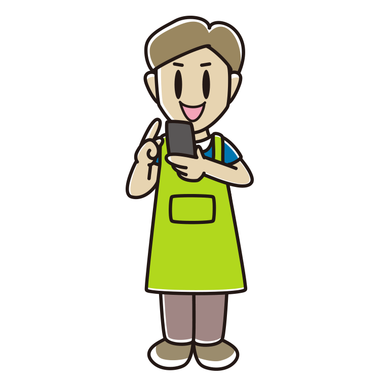 スマホを使うエプロン姿の男性のイラスト【色あり、背景なし】透過PNG