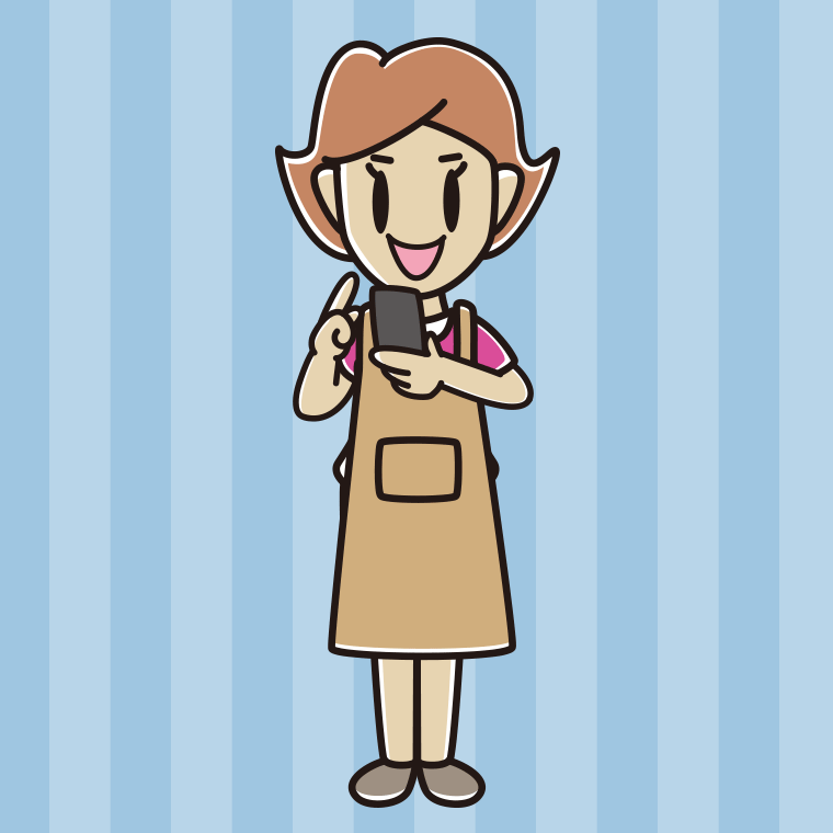 スマホを使うエプロン姿の女性のイラスト【色、背景あり】PNG