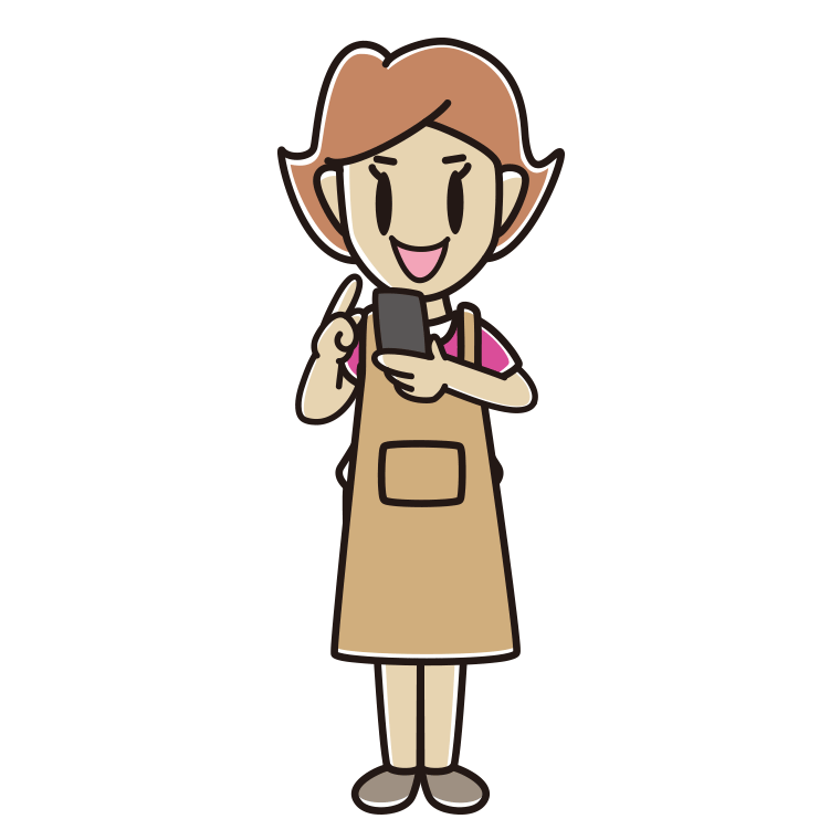 スマホを使うエプロン姿の女性のイラスト【色あり、背景なし】透過PNG
