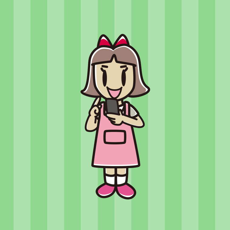 スマホを使うエプロン姿の小学生女子のイラスト【色、背景あり】PNG