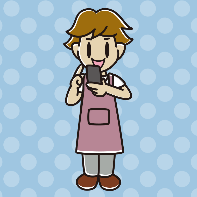 スマホを使うエプロン姿の男子高校生のイラスト【色、背景あり】PNG