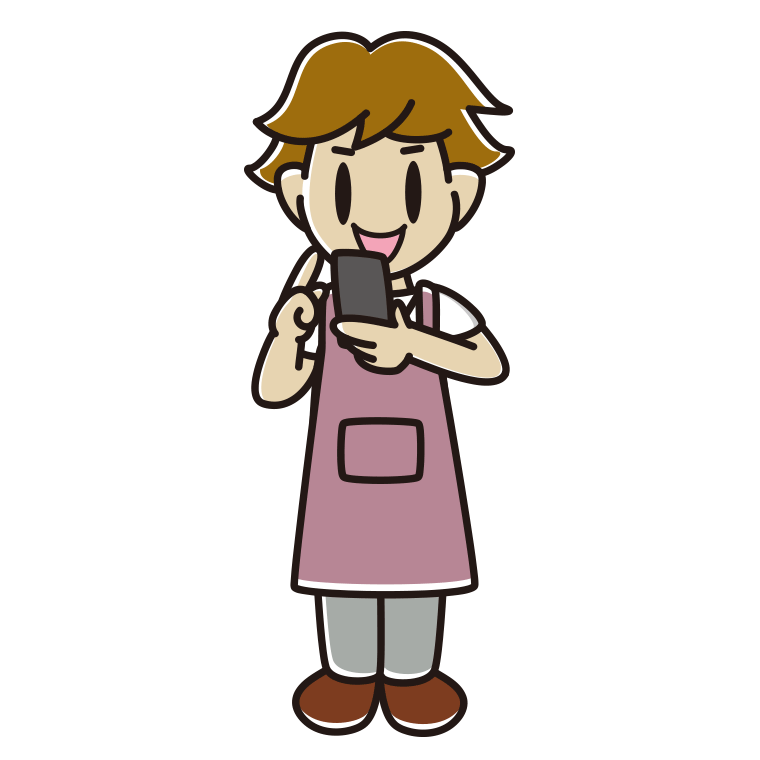 スマホを使うエプロン姿の男子高校生のイラスト【色あり、背景なし】透過PNG