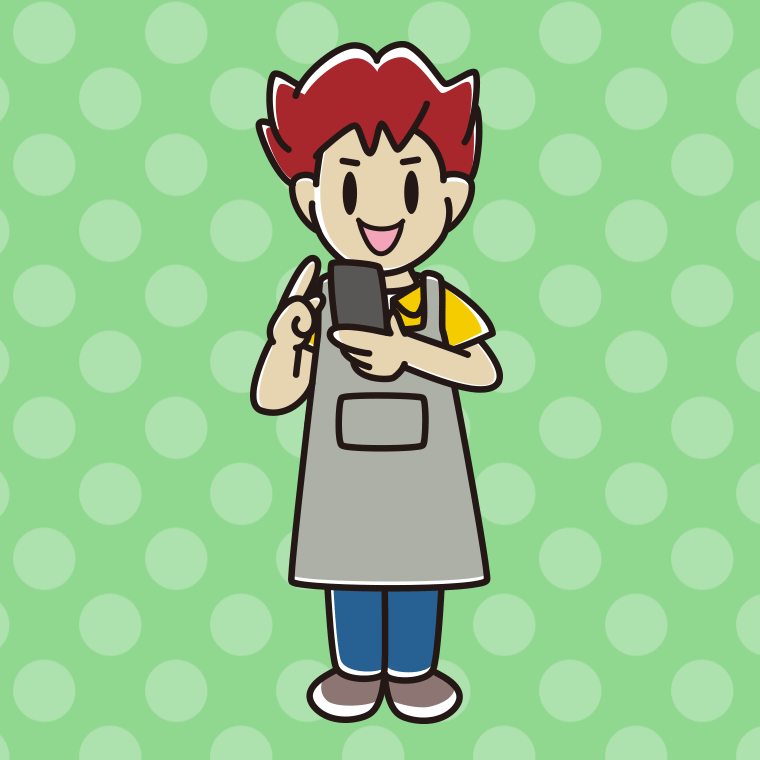 スマホを使うエプロン姿の男子大学生のイラスト【色、背景あり】PNG