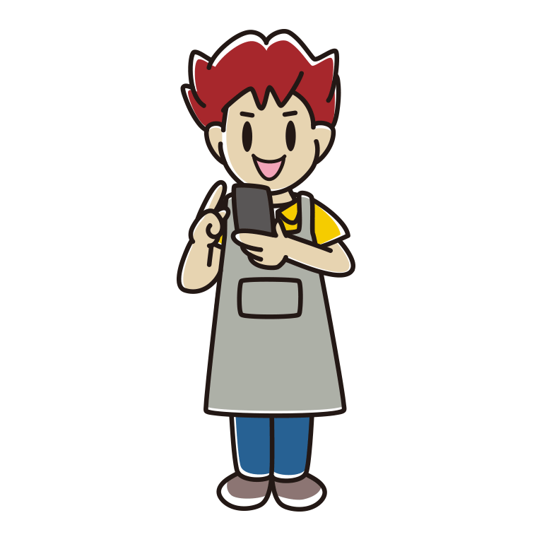 スマホを使うエプロン姿の男子大学生のイラスト【色あり、背景なし】透過PNG